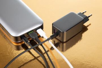 Power bank and charging plug with cable on a golden background. Electronic devices for charging gadgets