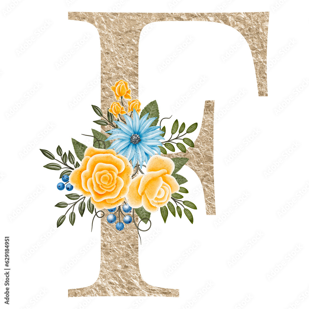 Floral alphabet, gold letter with watercolor flowers and leaf. Hand ...