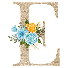 Sticker - Floral alphabet, gold letter with watercolor flowers and leaf. Hand painted watercolor illustration.