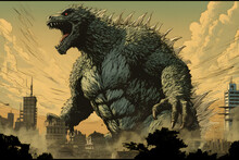 Godzilla Monster Atop Some City Buildings, In Style Of Photorealistic Painting Created With Generative AI Technology