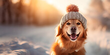 Cute Golden Retriever Dog In Knitted Hat And Scarf On Sunny Winter Day