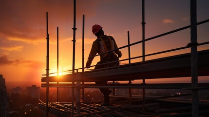 construction worker control in the construction of roof structures on construction site and sunset  with generative ai