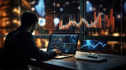 Poster - For data business analysis and data management systems, businesspeople use a computer with business graphs and a dashboard.