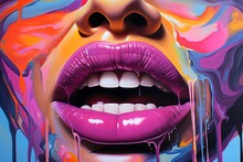 Woman's Mouth With Colorful Lips And A Smile In The Style Of Psychedelic Pop Art Created With Generative AI Technology
