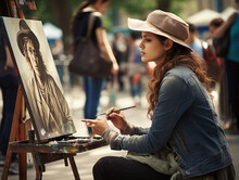 A World-class Photographer Captures A Close-up Shot Of An Artist Painting A Portrait Of A Willing Subject In A City Square.