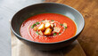 Cold tomato soup gazpacho in a bowl with croutons