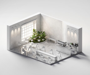 Poster - Isometric view minimal cafe store open inside interior architecture, 3d rendering digital art.