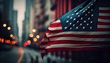 American Flag In The City With Blur Background, Memorial Day, American Flag On The Street, Ai Generated Image 