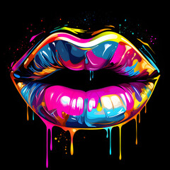 Wall Mural - colorful lips on a black background, in the style of neon color palette.graffiti inspired illustrati