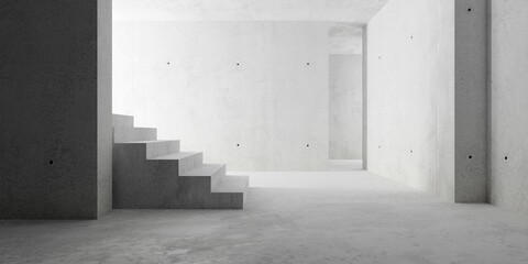 Wall Mural - Abstract large, empty, modern concrete room with stairs, indirect light and and rough floor - industrial interior background template