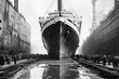 vintage photo of the Titanic in construction site, dry dock in 1910. Black and white vintage photography. the majestic Titanic rises, a marvel of engineering and ambition taking shape.
