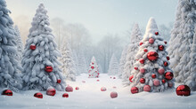 Winter Scene With Christmas Trees Decorated With Red Baubles.