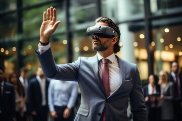 Business man with VR headset and digital technology Generative AI.