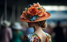 Young Woman In A Beautiful Hat On The Hippodrome Before The Races. Hat Parade At The Races.  