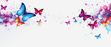Beautiful Pink, Orange And Blue Butterflies On White Background With Copy Space