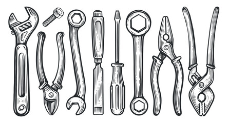 working tools set. repair and construction supplies collection. sketch vintage vector illustration