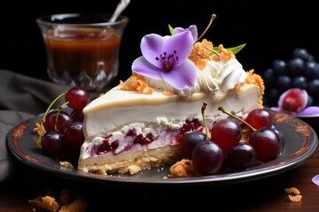 Wall Mural - Photo of a delicious cake with fresh grapes and a beautiful floral decoration on the plate created with Generative AI technology