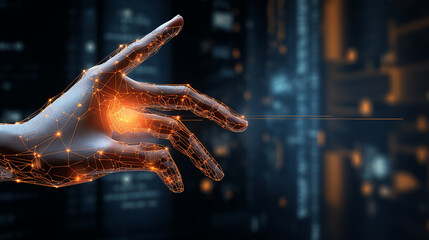 Human with five finger in hand touch 3d screen with high tech information technology background