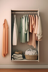 Wall Mural - Minimalistic women's closet against a simple pastel colored wall. Vertical story format, creative concept of classic women's closet with hangers.