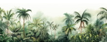 Rainforest, Ecology, Nature, Bio-diversity Background. Water Color Drawing Of Tropical Rain Forest. Extra Wide Format, Hand Edited Generative Ai.
