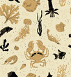 Sea animals shrimps, squids, crabs pattern seamless with seaweed and shells on beige background. Hand drawn tropical ocean creature illustration for cover, wallpaper, textile, fabric, wrapping paper