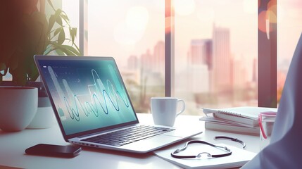 Poster - medical office, a doctor is writing on his laptop.In the hospital, place the stethoscope on the foreground table.A stethoscope is an acoustic medical device used for auscultation, generative ai