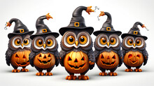 Halloween Owls In Witch Hats With Pumpkins 