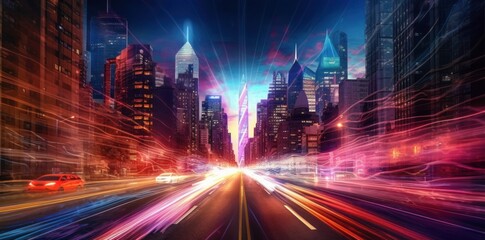 Wall Mural - Highway in New York City with fast moving car light trails.