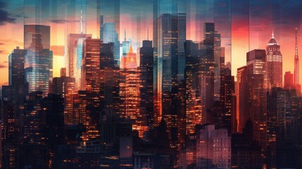 Wall Mural - Double exposure of New York City skyline and skyscrapers at sunset