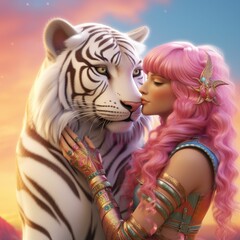 Poster - Illustration of a red haired beauty and a white tiger