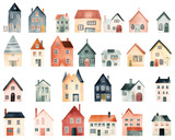 Fototapeta  - Set of watercolor scandinavian houses. Cute childish european buildings. Trendy scandi vector elements