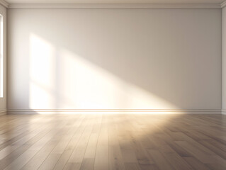 An empty room with a wooden floor and white walls lit by natural light from a window with a minimalist and clean aesthetic.