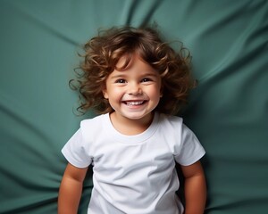 Happy baby girl, wearing white longsleeve bodysuit  mockup, lying on green background. Print presentation mock-up. AI generation. AI generated