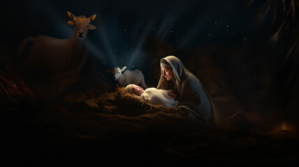 Wall Mural - Nativity scene: Saint Mary with the newborn Jesus Christ in a manger, animals in a stable. Christian Religious Christmas Illustration