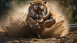 An aggressive tiger runs on the sand and download to the camera
