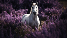 A White Horse With A White Mane Stands In A Field Of Purple Flowers.