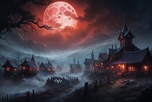 Dark Spooky Foggy Night Over Fantasy Village With Red Moon In The Sky