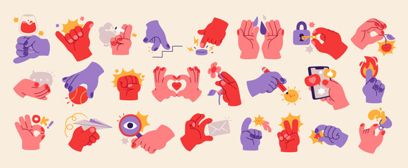 Various Hands holding things. Different gestures. Hand drawn colored trendy Vector illustration