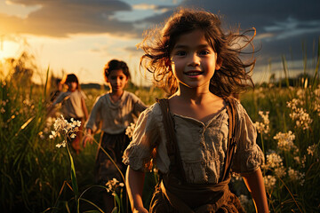 Thai farmer children playing on a rice field.generative ai