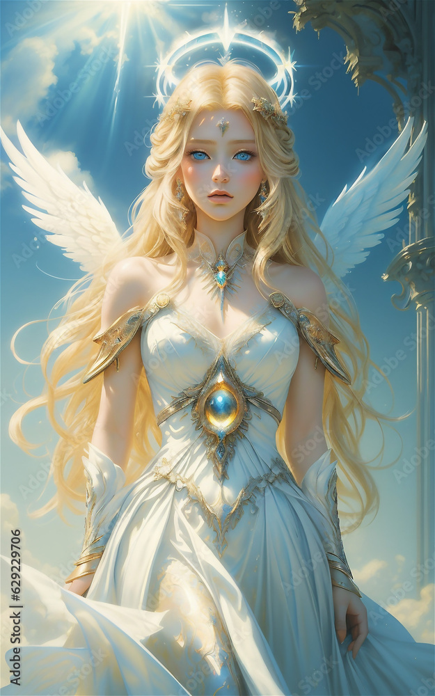 Fantasy female angel with white big wings. Anime angel girl. above the ...