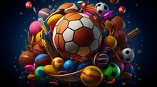 Collection Background Of Various Balls And Sports Equipment