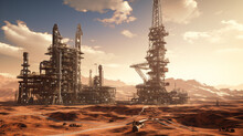 Design A Massive Oil Rig Standing Tall Amidst The Vast Desert Landscape, With Towering Drilling Platforms And Pipelines Stretching Into The Horizon, Exemplifying The Scale Of Oil P Generative AI