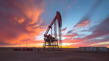 Create A Mesmerizing Time-lapse Video Of An Oil Rig At Sunset, With The Vibrant Hues Of The Desert Sky Providing A Striking Backdrop To The Rhythmic Movements Of The Drilling Opera Generative AI