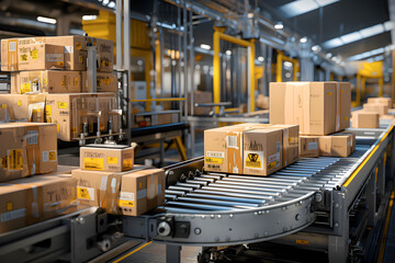 Cardboard boxes on conveyor belt in distribution warehouse.parcels transportation system concept - AI generated
