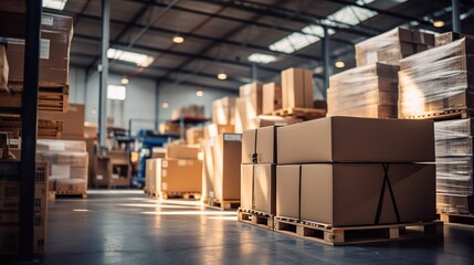 Retail warehouse full of shelves with goods in cartons, with pallets and forklifts. Logistics and transportation blurred background. Product distribution center. Generative ai