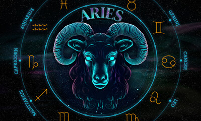Wall Mural - Aries. Zodiac sign. Illustration of the Aries symbol of the horoscope over a cosmos of constellations