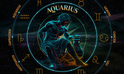 Wall Mural - Aquarius. Zodiac sign. Illustration of the Aquarius symbol of the horoscope over a cosmos of constellations