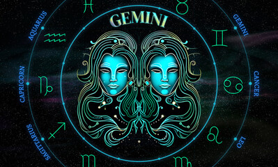 Wall Mural - Gemini. Zodiac sign. Illustration of the Gemini symbol of the horoscope over a cosmos of constellations