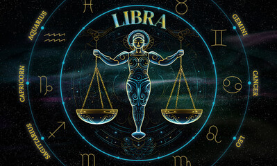 Wall Mural - Libra. Zodiac sign. Illustration of the Libra symbol of the horoscope over a cosmos of constellations