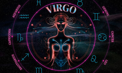 Wall Mural - Virgo. Zodiac sign. Illustration of the Virgo symbol of the horoscope over a cosmos of constellations